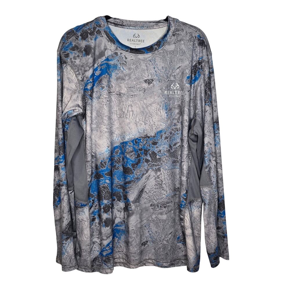 Realtree Wav3 Mens Gray Blue Reversible Long Sleeve Performance Fishing Shirt L